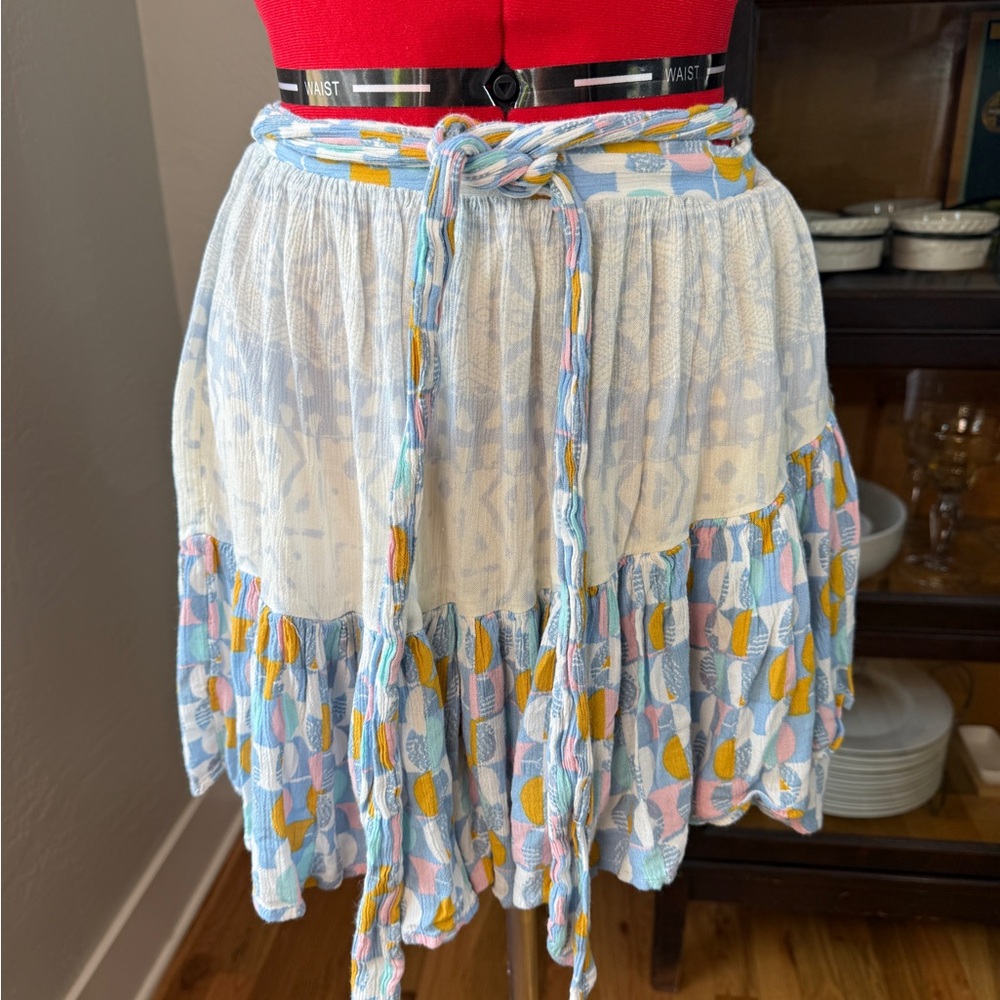 Free People Printed Ruffle Mini Skirt Smocked Waist Boho Festival Skirt Size S